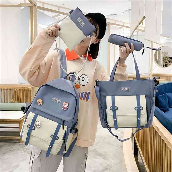 

school for girl women bags backpack 4pcs sets casual student kawaii canvas cute college ladies badge shoulder