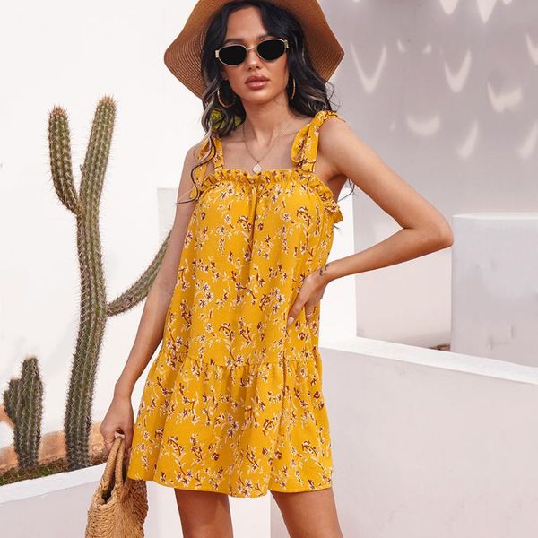 

yellow floral print spaghetti strap short dress women 2021 sleeveless lace up ladies casual loose elegant holiday dresses, Black;gray