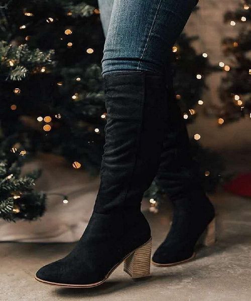 

boots black square-root pointed flannel women's knee autumn and winter ladies