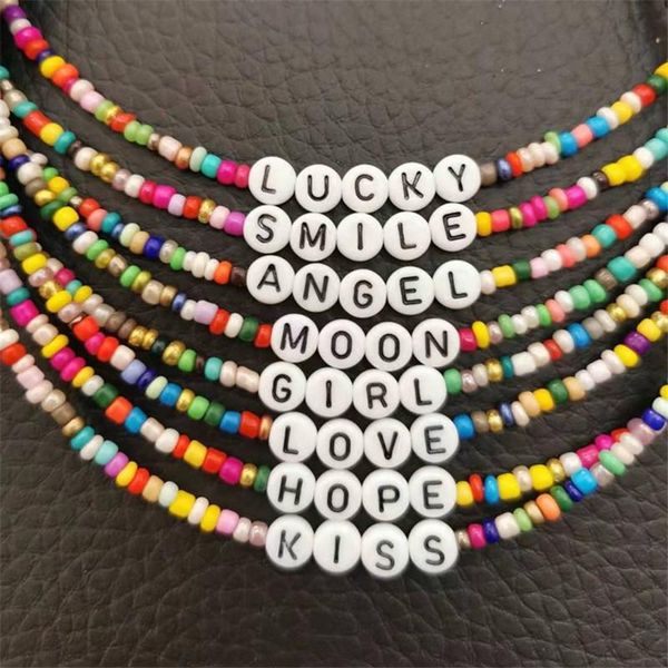 

chokers boho rainbow beads letter love hope necklace for women handmade colorful chain friends girl summer beach choker neck accessories, Golden;silver