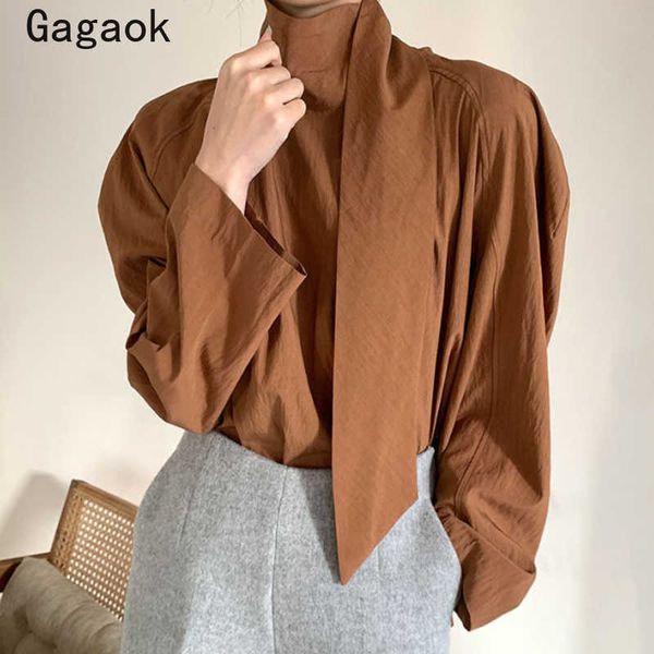 

women blouse spring autumn solid stand full button lantern sleeve shirt korean simple chic fashion loose blouses 210531, White