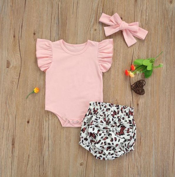 

clothing sets summer baby girls 3pcs clothes set solid color sleeves romper elastic waist shorts headdress baby's, White