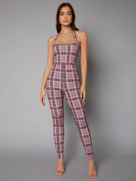 

tartan print backless skinny jumpsuit x434#, White