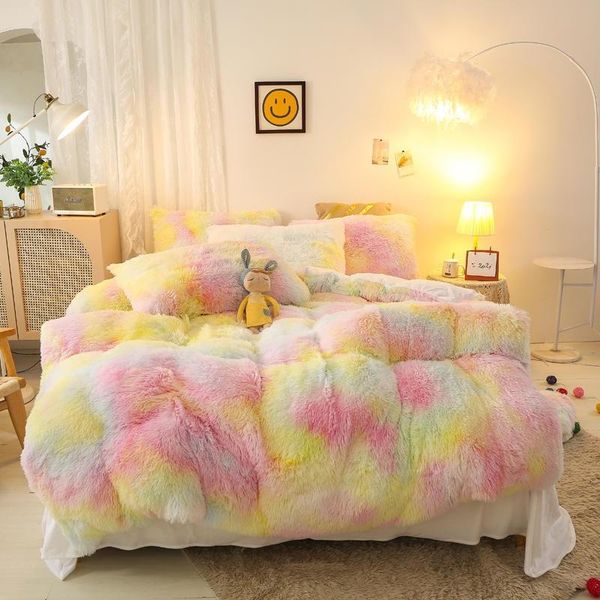 

bedding sets luxury plush shaggy rainbow color furry velvet duvet cover with zipper closure warm bed sheet pillowcase full size