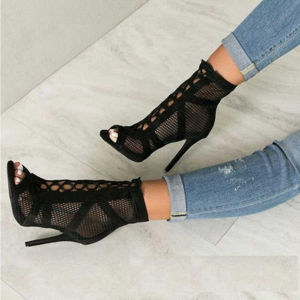 

sandals 2021 fashion black summer lace up cross-tied peep toe high heel ankle strap net surface hollow out