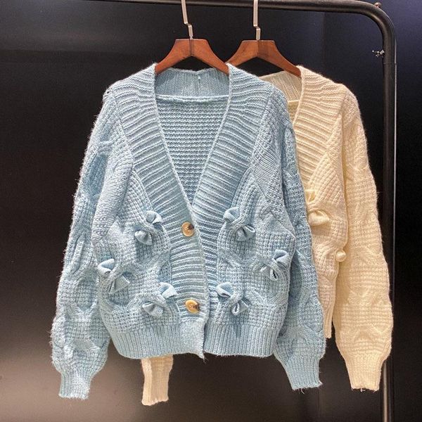 

women's knits & tees korean style fresh solid loose long sleeve cardigans women fall 2021 v-neck bowknot sweet jumpers fashion elegant, White