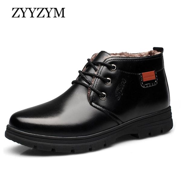 

boots zyyzym men snow winter lace up style pu leather shoes ankle plush keep warm man zapatos de hombre, Black
