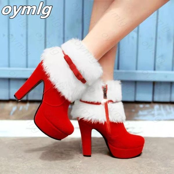 

boots winter women christmas ankle high heels ladies shoes femme warm short red black plus size 34-43