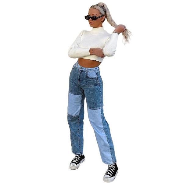 

women's jeans patchwork straight baggy vintage high waist boyfriends y2k denim distressed streetwear 2021 female womens, Blue