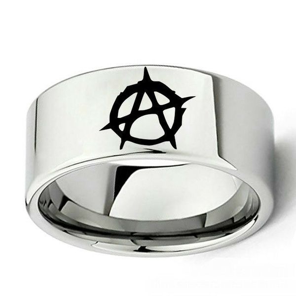 

10mm men's ring anarchy logo stainless steel silver band size 6-13