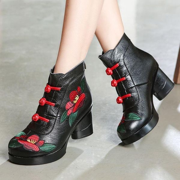 

boots floral ankle for women 2021 autumn winter genuine leather women's retro handmade comforable shoes high heels booties, Black