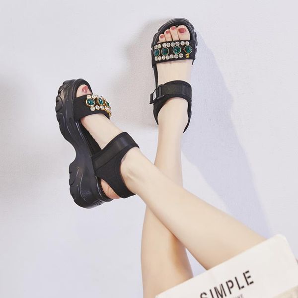 

silver glitter wedge sandals women fashion 2021 big rhinestone chunky platform summer shoes woman ankle strap sandalias, Black