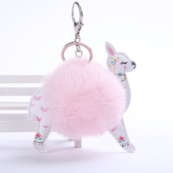 

keychains fluffy fur ball cute alpaca keychain leather animal keyring charm chaveiros artificial pompom key chain women jewelry, Silver