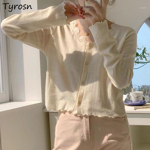 

women's knits & tees cardigan women lace all-match v-neck spring leisure solid sweaters slimming harajuku korean fashion chic cropped t, White