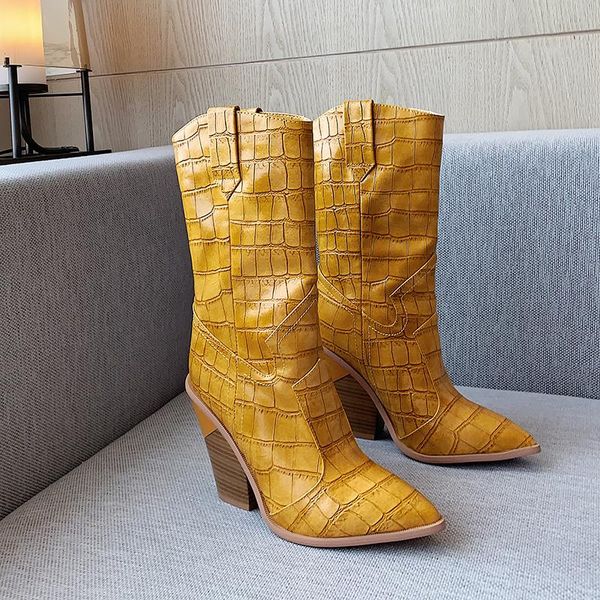 

boots pointed western cowboy female mid-tube retro wild autumn and winter high-heeled knight white yellow brown blue black