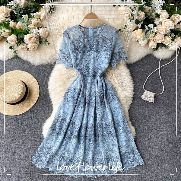

loveflowerlife summer elegant short sleeve dress a line o neck floral print high waist mid-calf women beach dresses 210521, Black;gray