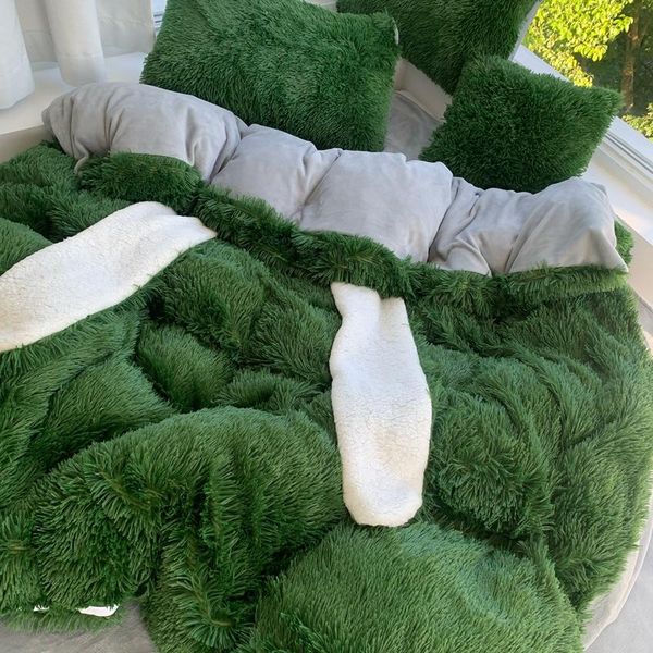 

bedding sets green long hair duvet cover set mink hair+cashmere fleece home beding warm linens white hare ears quilts bag flat sheet