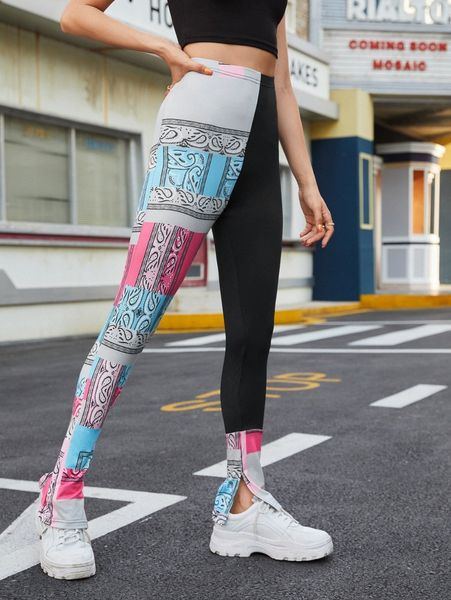 

paisley print split hem leggings a2h3#, Black