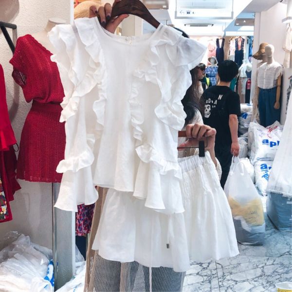 Sommer Koreanische Rüschen O Hals Ärmellose Bluse Frauen Tops + Elastische Hohe Taille Röcke Kurze Casual Sets Weiß Mode Sexy 210429