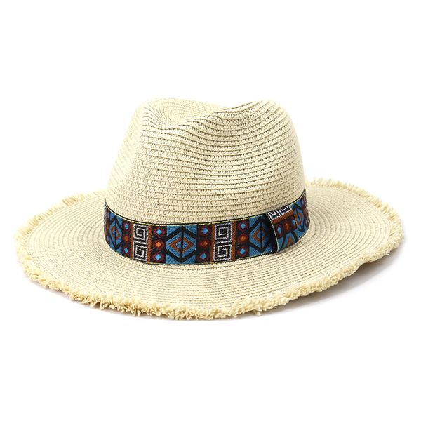 

summer sun straw hat ethnic decoration women big wide brim sun protection adjustable floppy sea beach hats, Blue;gray