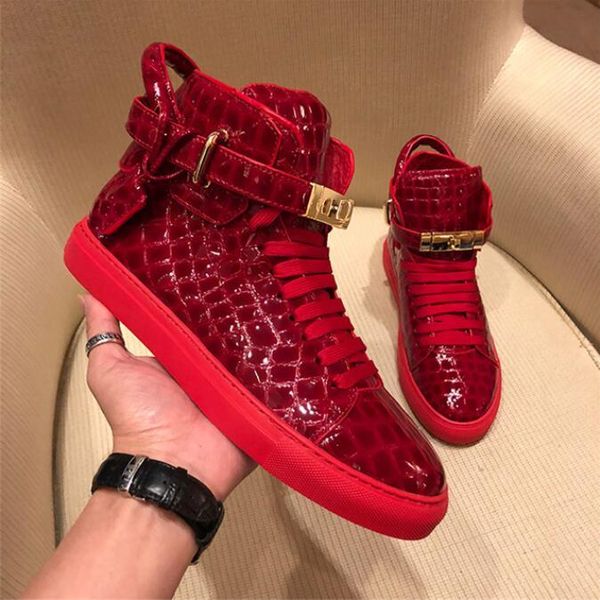 

kaeve men embossed crocodile high sneakers lock lace red flats real leather designer boots mens casual shoes c0423, Black