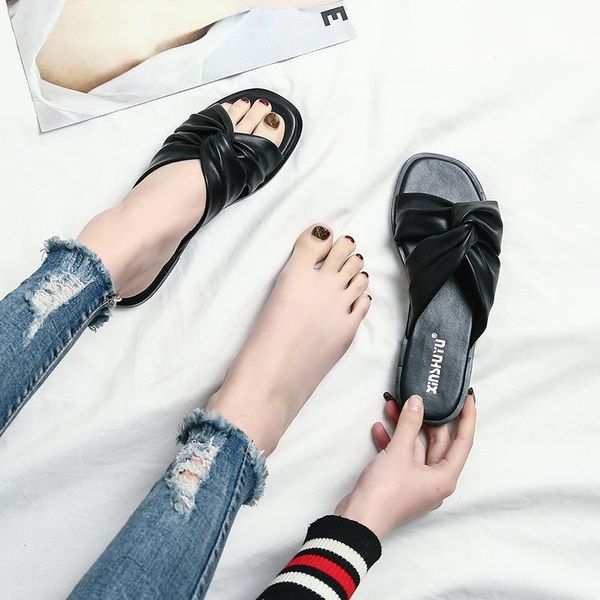

slippers women summer cut out ladies sandals brand good quality flat shoe candy color outdoor holiday slides 34 -43, Black