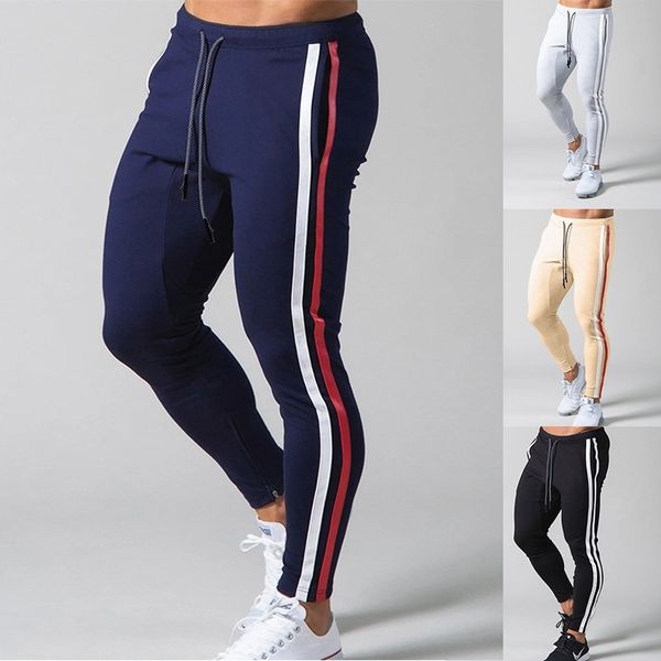 

men's tight sports leisure sweat absorption contrast color drawstring zipper small leg pants autumn new style, Black