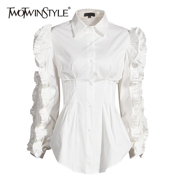 

twotwinstyle patchwork ruffle black shirt for women lapel long sleeve high waist tunic casual blouse female fashion fall 210317, White