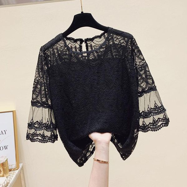 

women's blouses & shirts embroidery lace hollow out black women blouse summer design 2021 flare sleeved elegant office lady pulls outwe, White