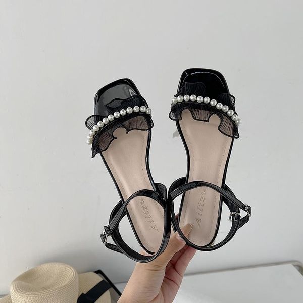 

sandals summer 2021 versatile web celebrity pearl mesh chunky and low heels with skirt strappy, Black