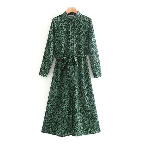 

casual dresses vintage floral print long shirt dress women 2021 sleeve split sashes turn down collar office vestidos, Black;gray