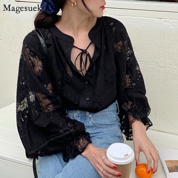 

women's blouses & shirts autumn lace korean blouse women 2021 lantern sleeve v-neck loose button cardigan blusas 10202, White