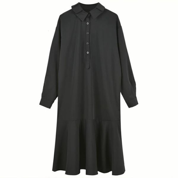 

black solid turn down collar long sleeve midi dress ruffle loose button shirt autumn d0613 210514, Black;gray