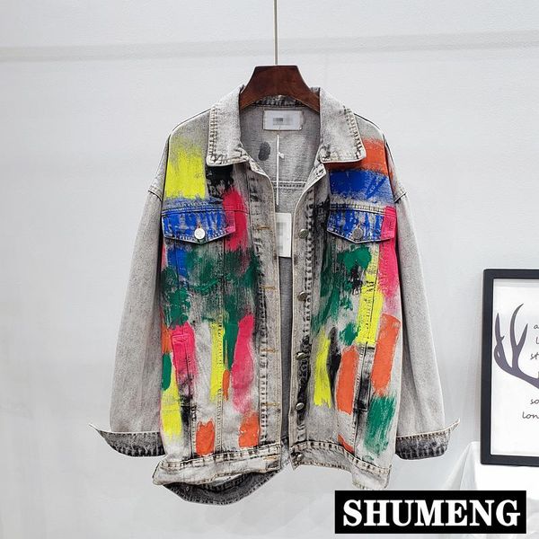 

women's jackets women denim jacket streetwear 2021 autumn personality paint graffiti retro jeans coat female loose cowboy, Black;brown