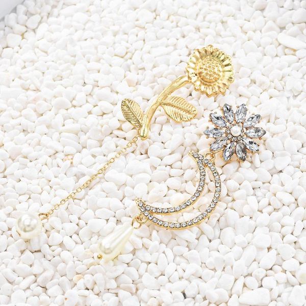 

europe and america trend asymmetric earrings flower with crescent rhinestone tassel earring accessories for woman dangle & chandelier, Silver