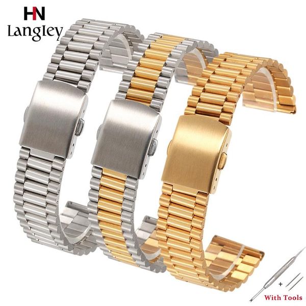 

watch bands solid stainless steel watchband men women wristwatch straps double insurance snap 12/14/16/18/20mm wholesale, Black;brown
