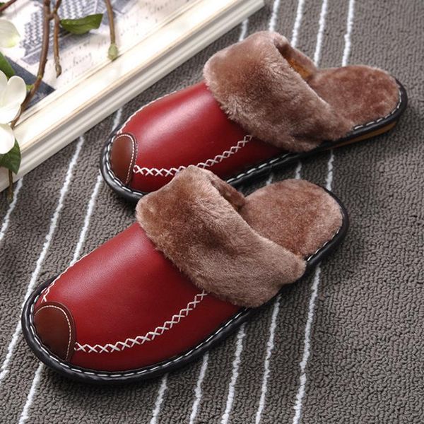 

vintage winter pu leather fur slides women casual soft house footwear plush slippers warm home indoor floor shoes, Black