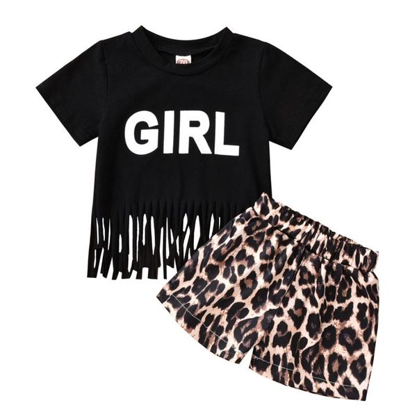 

1-5y summer fashion kid girls clothes sets letter print tassel short sleeve leopard shorts 2pcs children set clothing, White