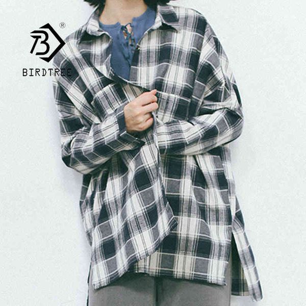 

autumn new women vintage plaid shirt oversize long sleeve blouse turn-down collar big pockets winter feminina blusa t08106f 210430, White