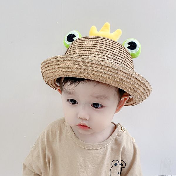 

children's straw hat summer breathable boy fisherman's korean version lovely frog flanging female sunscreen baby sunshade, Blue;gray