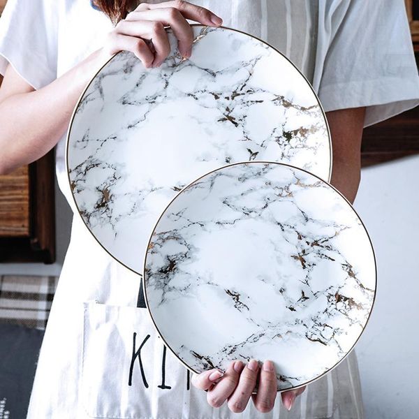 

dishes & plates 1pcs tableware marble ceramic dinner set gold inlay porcelain dessert plate steak salad snack cake wholesale