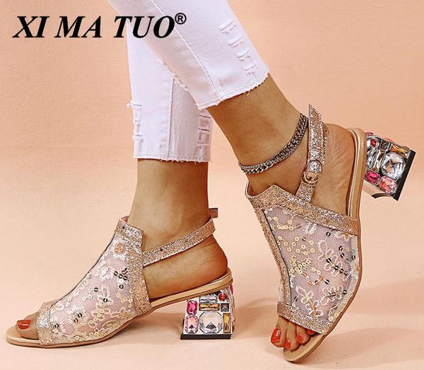 

sandals rhinestone high heel shoes women's summer style 2021 5cm pumps fashion bling ladies open toe party, Black