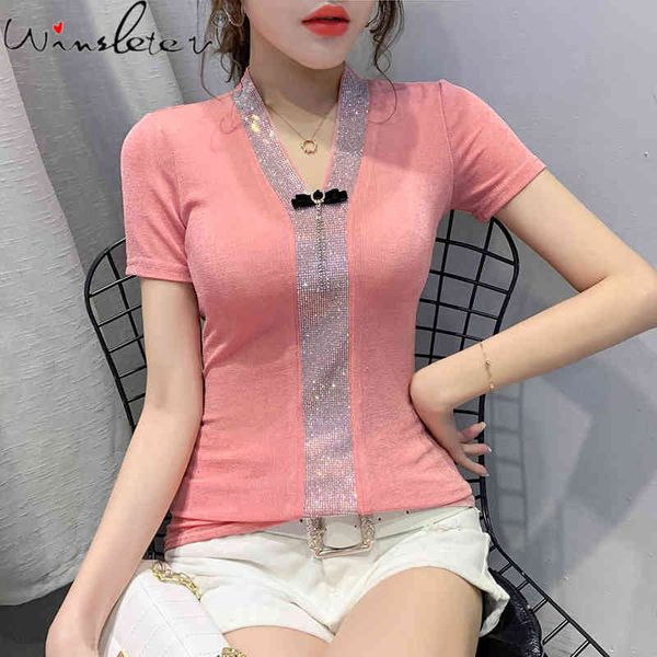 

women's t-shirt summer european clothes fashion v-neck patchwork shiny diamonds women short sleeve thin tees 2021 t13602a ilw, White