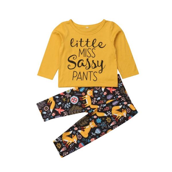 

clothing sets infant kids baby girls clothes 2pcs letter long sleeve pullover t-shirts +cartoon foxes print pants, White