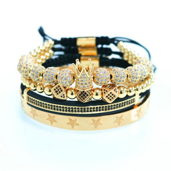 

charm bracelets 4pcs/set hip hop hand made bead bracelet men copper pave cz zircon crown star stainless steel & bangles luxury jewelry, Golden;silver