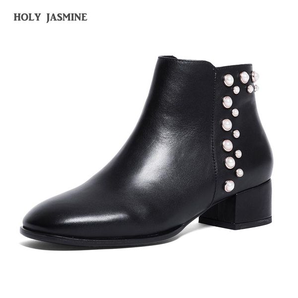 

boots brand designers 2021 winter fashion luxury pearl black genuine leather short ankle lady shoes zipper size 34-44