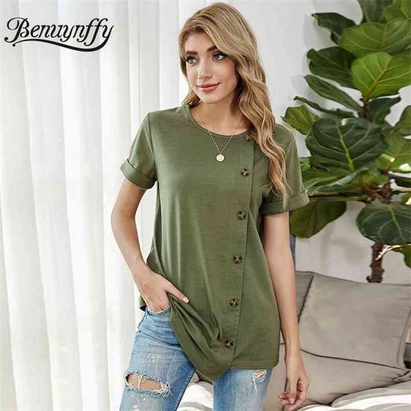 

round neck button front casual women tshirt and summer home style ladies short sleeved knit solid t-shirt 210510, White
