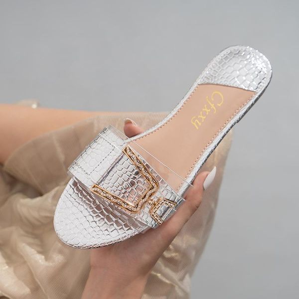 

women slippers flat heel silver gold buckle slides shoes summer outdoor beach crystal sandals slipper female flip flop, Black