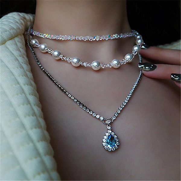 

pendant necklaces pearl crystal necklace female light luxury accessories multilayer blue water drop retro clavicle chain choker, Silver