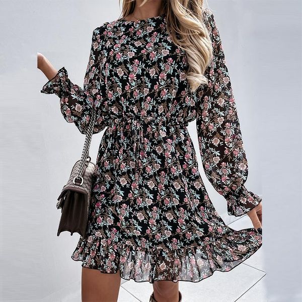 

casual dresses 2021 autumn ruffles floral print dress for women vintage long sleeve chiffon female a line short party vestidos, Black;gray